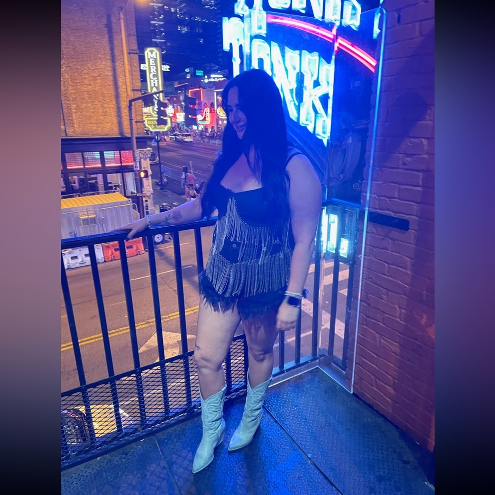 FRINGE black distressed denim shorts & top! 2 piece set